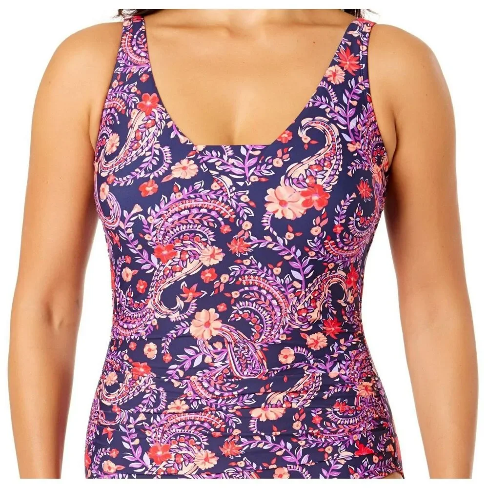 Lands End Slimming Grecian Swimsuit One-piece Purple Paisley Size S